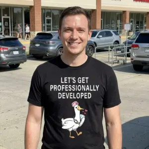 Let's Get Professionally Developed Duck T-Shirt 10 Person wearing the 'Let's Get Professionally Developed Duck' t-shirt in a casual setting.