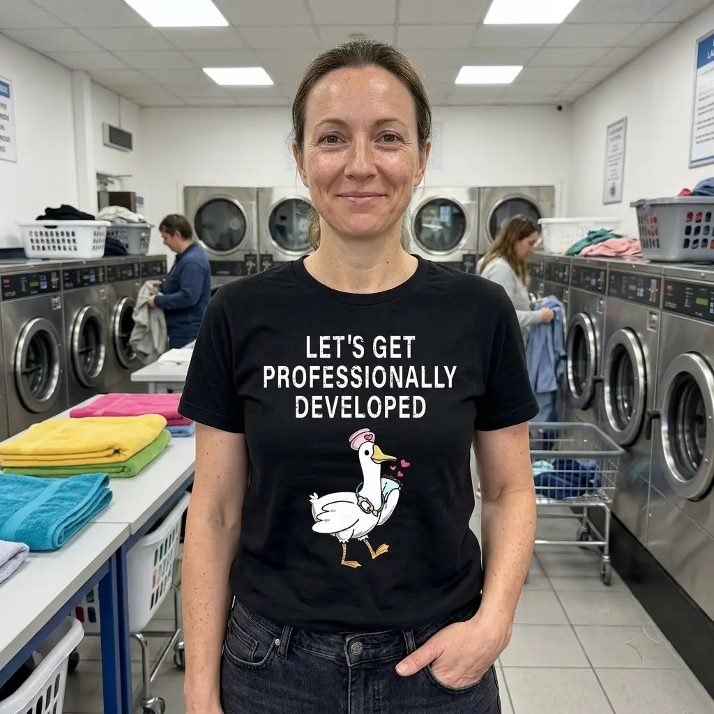 Let's Get Professionally Developed Duck T-Shirt 6 Individual sporting the duck-themed 'Let's Get Professionally Developed' shirt in everyday life.