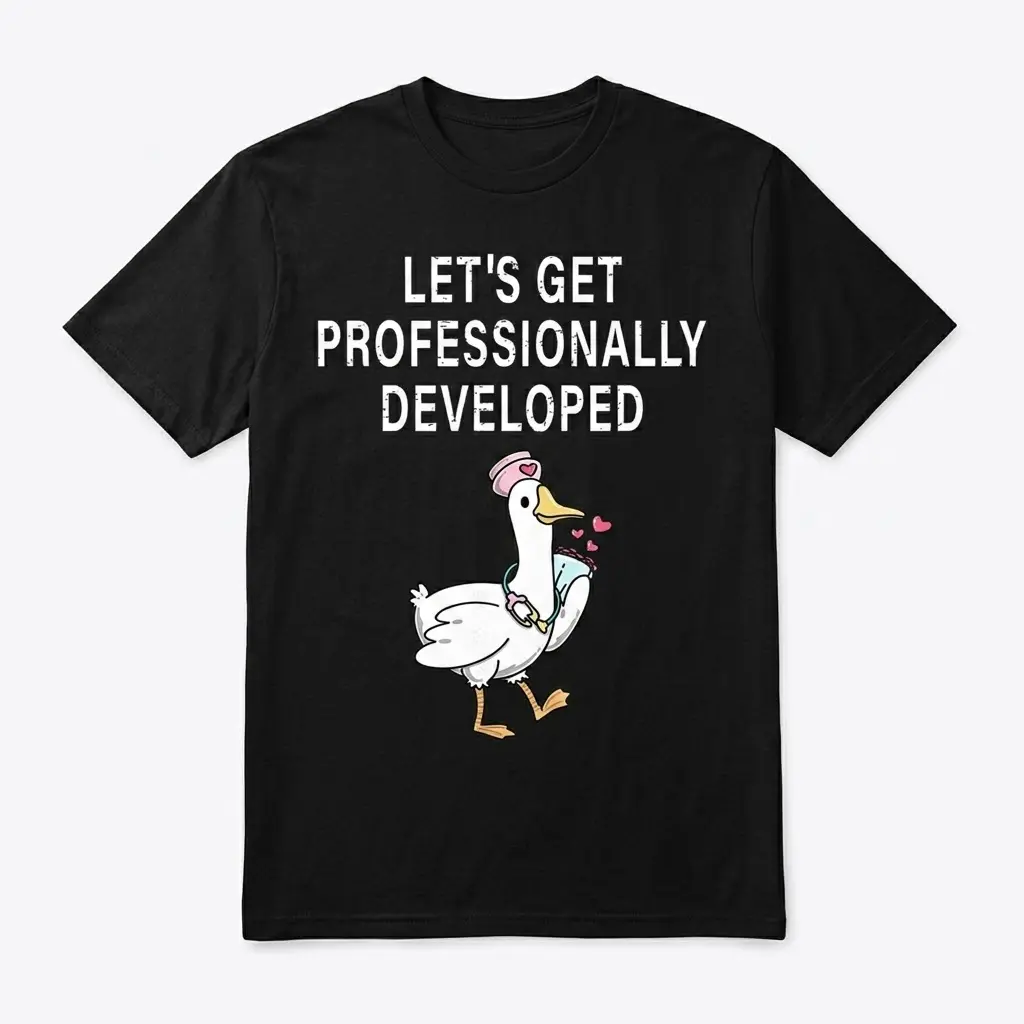 Let's Get Professionally Developed Duck T-Shirt 1 Black t-shirt with 'Let's Get Professionally Developed' and a playful duck graphic.