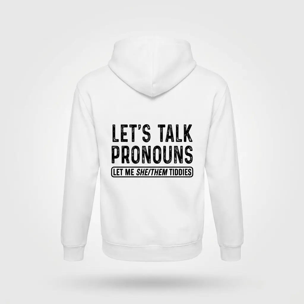 Back flat lay of a hoodie with the humorous text LET'S TALK PRONOUNS LET ME SHE/THEM TIDDIES printed across the upper back.