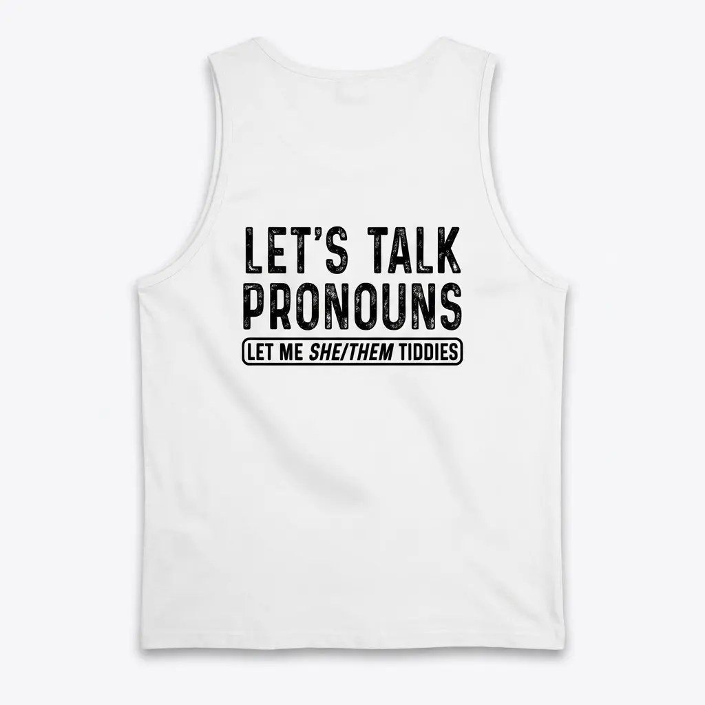 Back view of a tank top displaying the funny graphic text LET'S TALK PRONOUNS LET ME SHE/THEM TIDDIES.
