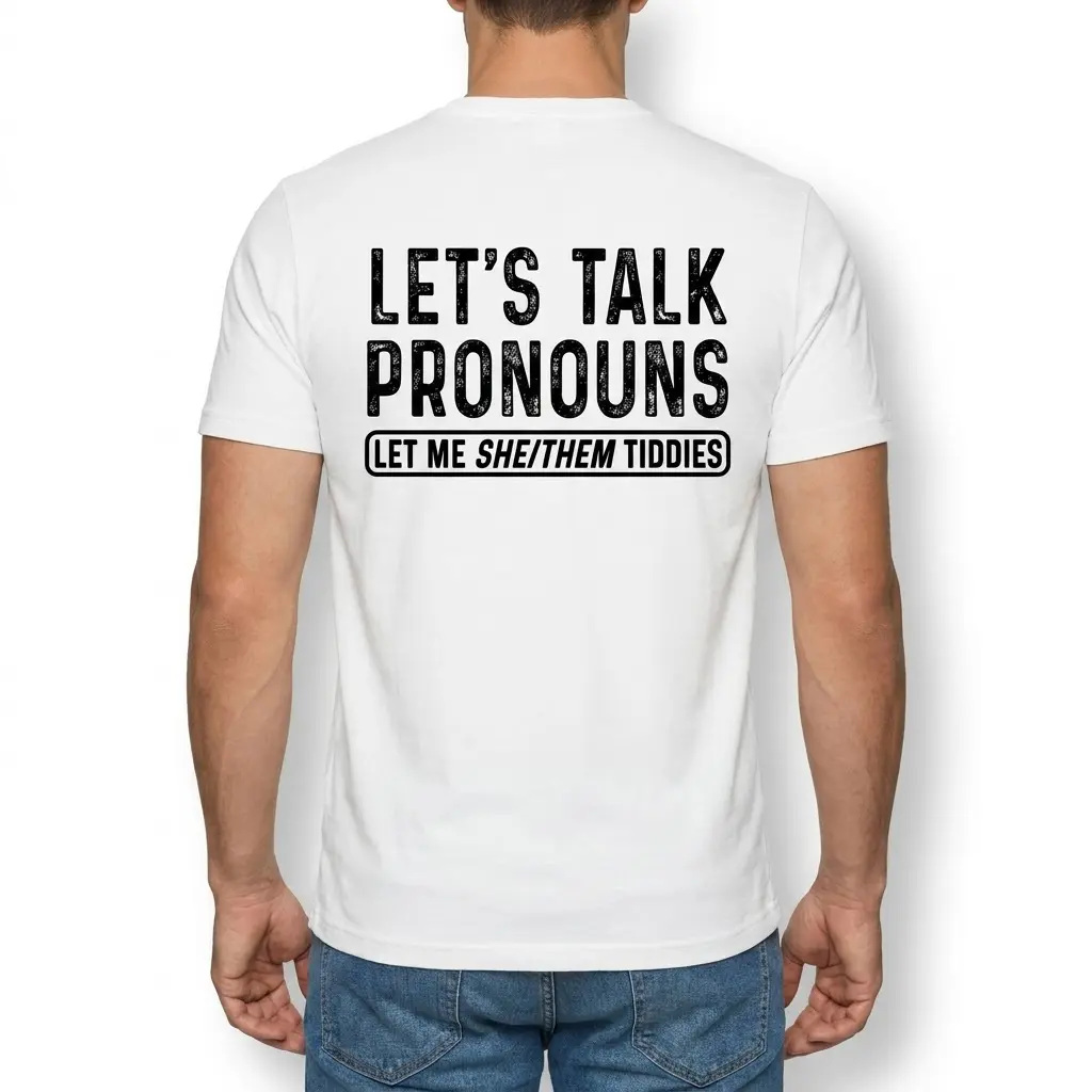 Back view of a man wearing a white t-shirt printed with the meme text LET'S TALK PRONOUNS LET ME SHE/THEM TIDDIES.