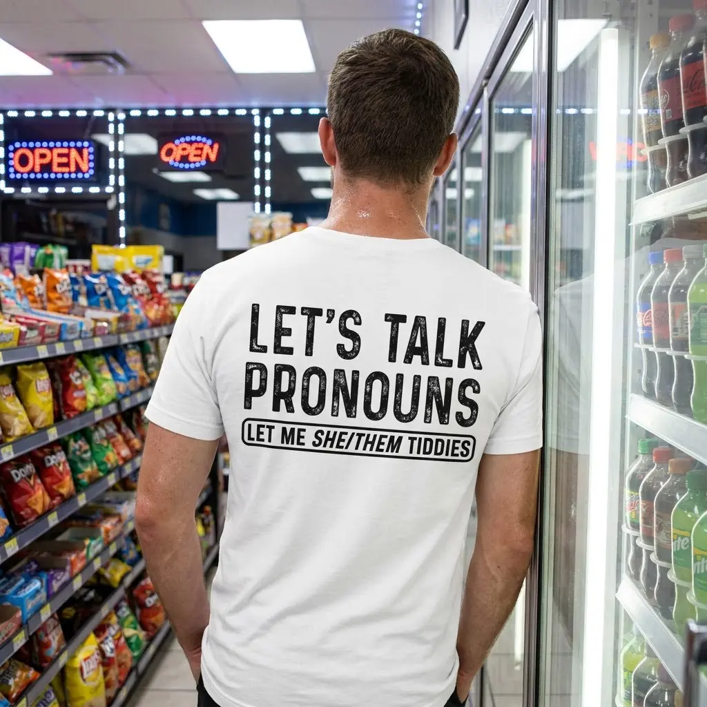 Lifestyle view showcasing the irreverent pronoun humor design printed on the back of the apparel.