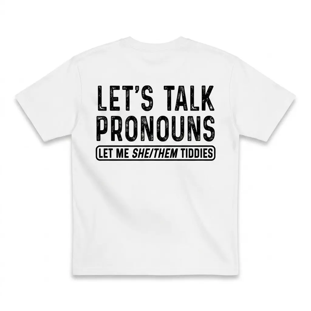 Back view of a white t-shirt featuring black text reading LET'S TALK PRONOUNS LET ME SHE/THEM TIDDIES.