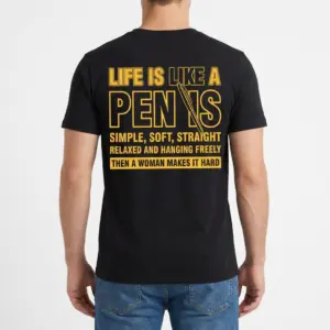 Life Is Like a PEN IS Funny T-Shirt 9 Back view of a man wearing a black t-shirt with the yellow 'Life is like a PEN IS' funny quote graphic.