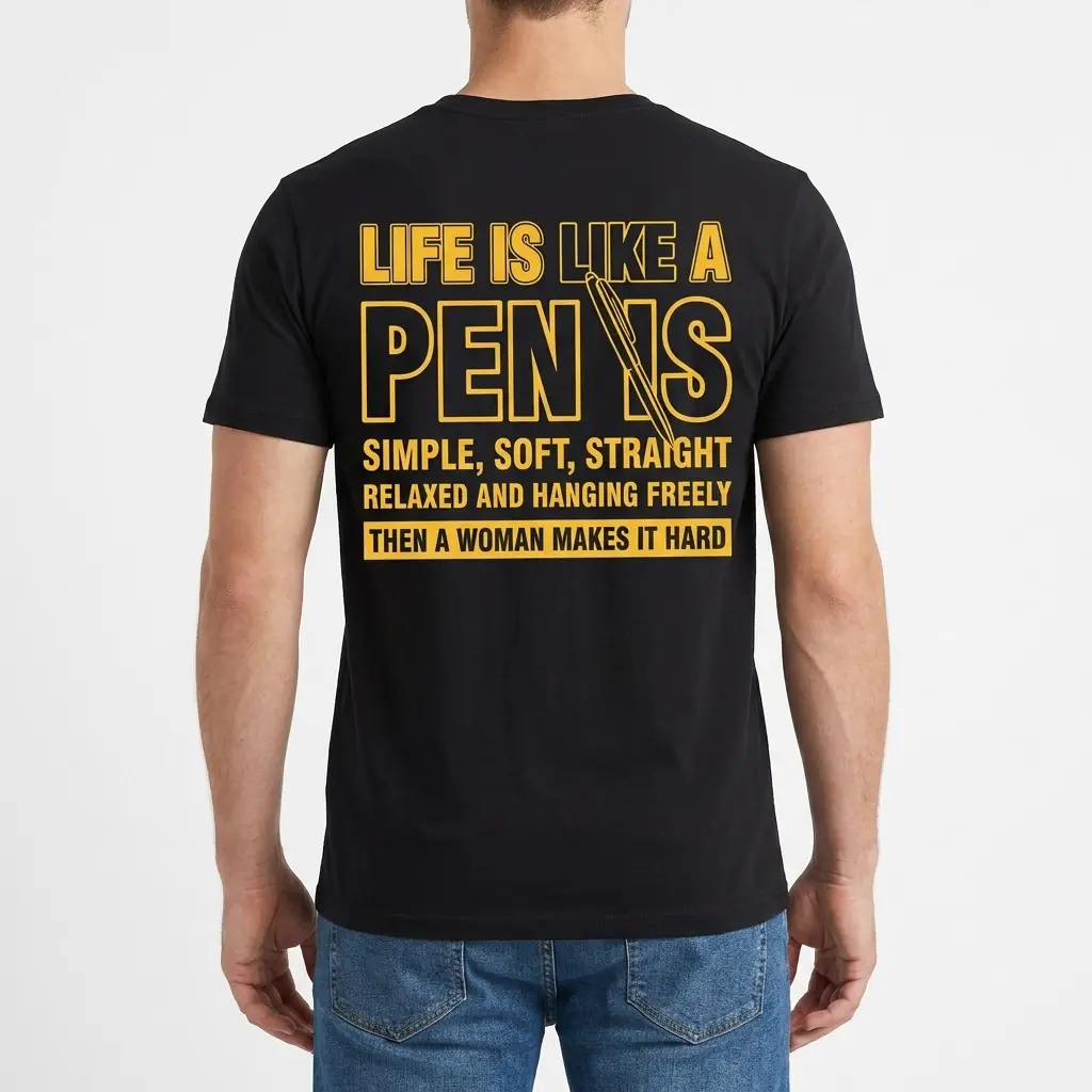 Life Is Like a PEN IS Funny T-Shirt 4 Back view of a man wearing a black t-shirt with the yellow 'Life is like a PEN IS' funny quote graphic.