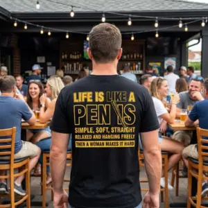 Life Is Like a PEN IS Funny T-Shirt 10 The 'Life is like a PEN IS' sarcastic yellow design on a black shirt, ready for a humorous lifestyle moment.