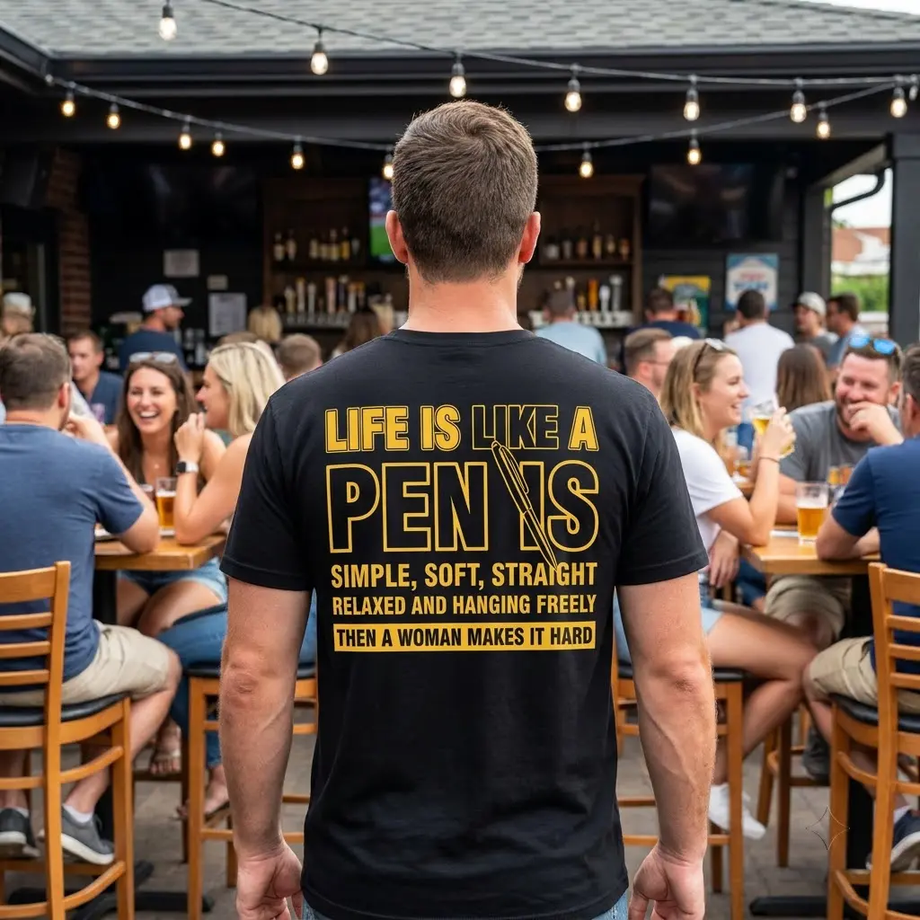 Life Is Like a PEN IS Funny T-Shirt 5 The 'Life is like a PEN IS' sarcastic yellow design on a black shirt, ready for a humorous lifestyle moment.