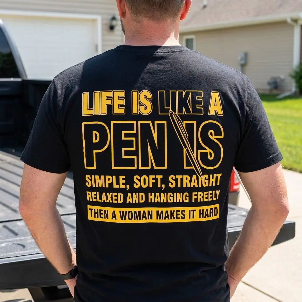 Life Is Like a PEN IS Funny T-Shirt 6 Displaying the yellow 'Life is like a PEN IS' witty design on a garment, perfect for men who enjoy gag gifts.