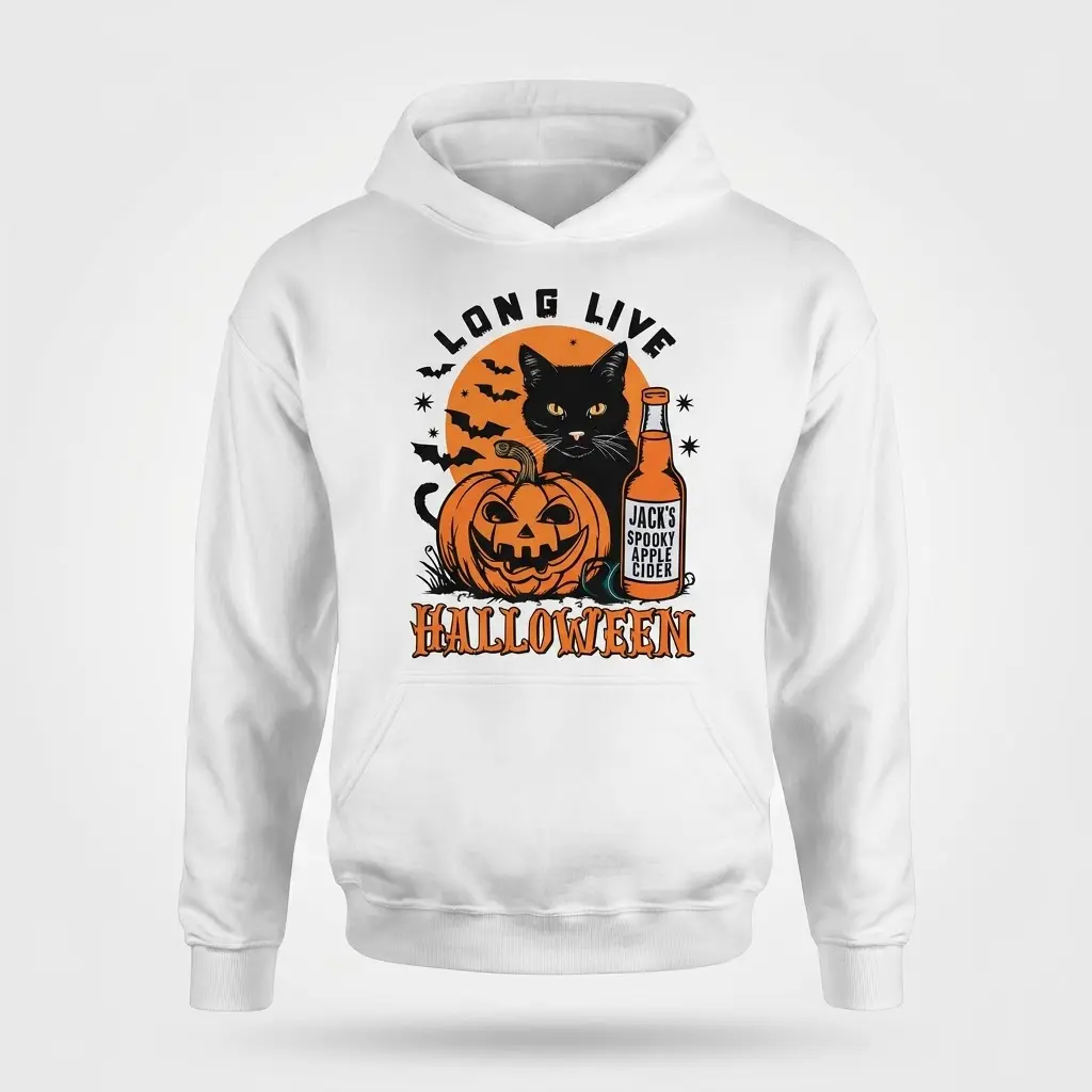 Long Live Halloween Cat T-Shirt 2 White hoodie featuring Halloween cat, pumpkin, and cider graphic.