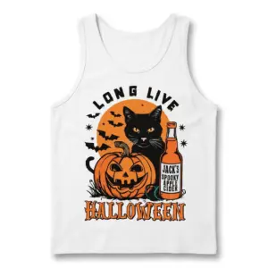 Long Live Halloween Cat T-Shirt 8 White tank top displaying Halloween cat, pumpkin, and cider artwork.