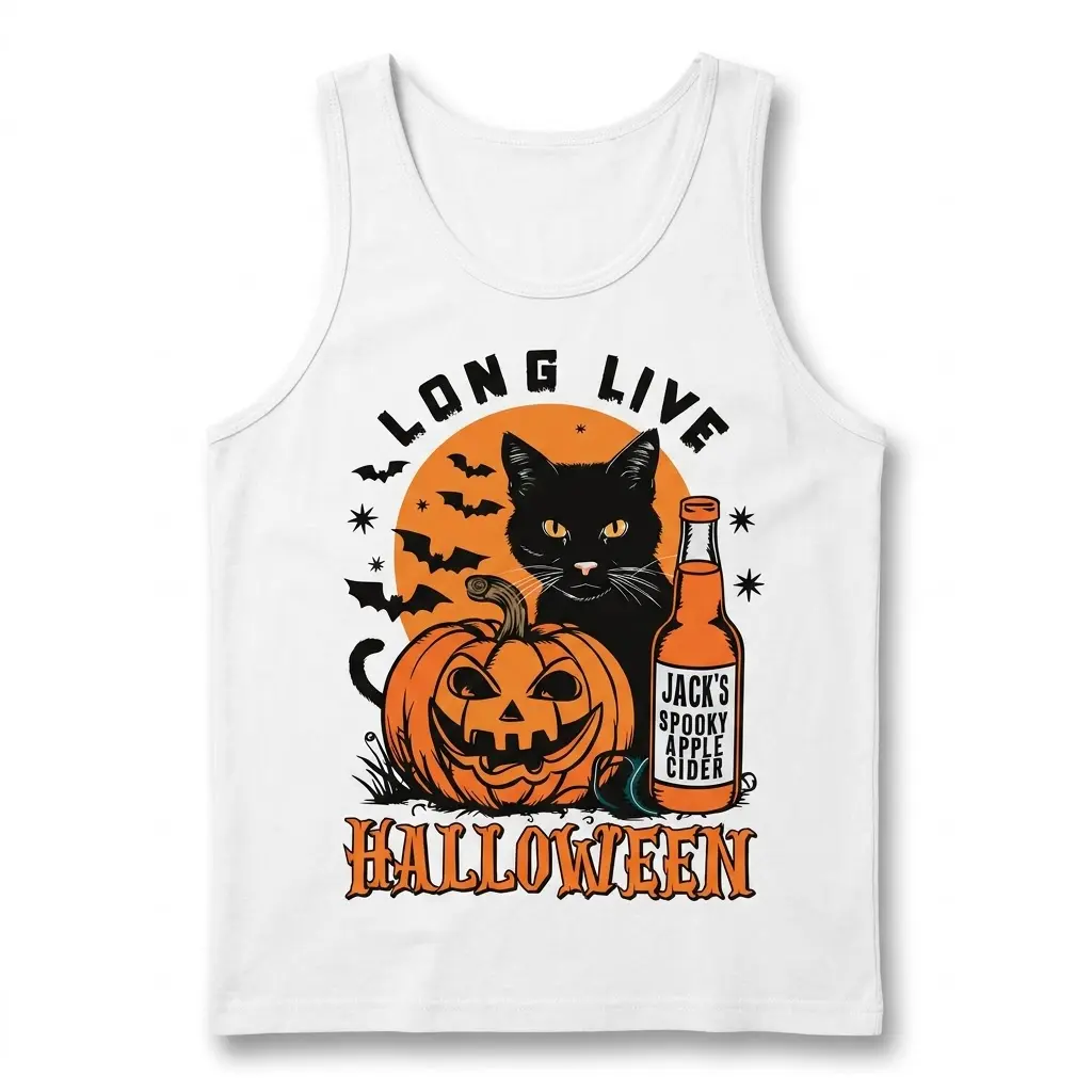 Long Live Halloween Cat T-Shirt 3 White tank top displaying Halloween cat, pumpkin, and cider artwork.