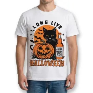 Long Live Halloween Cat T-Shirt 9 Model wearing Halloween cat t-shirt with pumpkin and cider illustration.