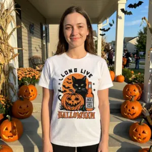 Long Live Halloween Cat T-Shirt 10 Person holding coffee while wearing Halloween cat graphic tee.