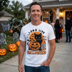 Long Live Halloween Cat T-Shirt 11 Close-up of Halloween cat t-shirt with pumpkin and cider bottle.