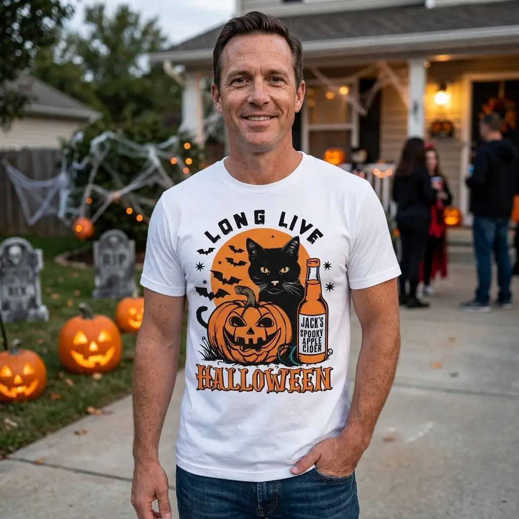 Long Live Halloween Cat T-Shirt 6 Close-up of Halloween cat t-shirt with pumpkin and cider bottle.