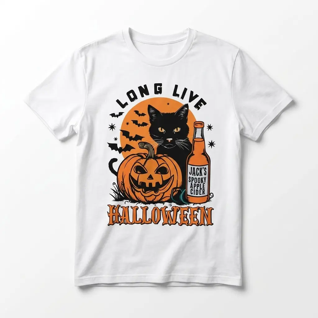 Long Live Halloween Cat T-Shirt 1 White t-shirt with Halloween cat, pumpkin, and cider design.