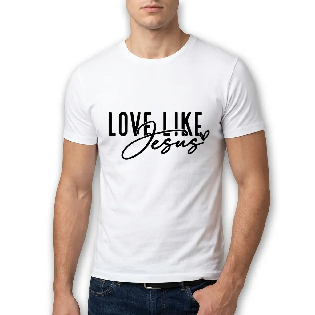 White shirt showing Love Like Jesus minimalist design.