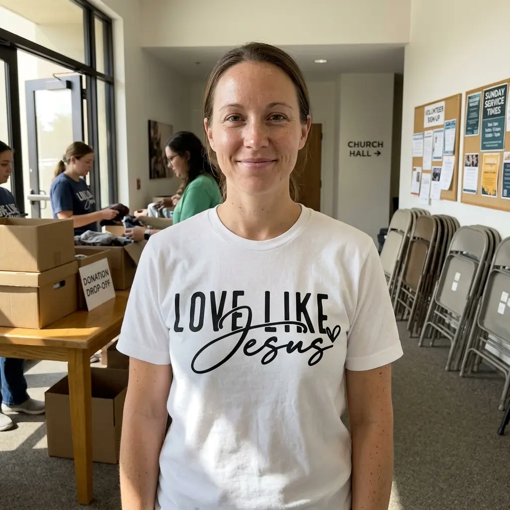 Person wearing 'Love Like Jesus' Christian graphic t-shirt.