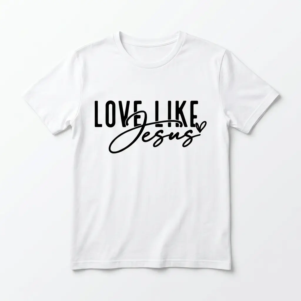 White t-shirt with 'Love Like Jesus' in bold black text.