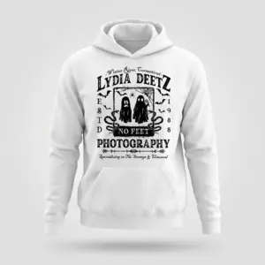 Lydia Deetz Photography Strange & Unusual Tee 7 White hoodie with the vintage 'Lydia Deetz No Feet Photography' design, showing ghosts, spiderwebs, and snakes.