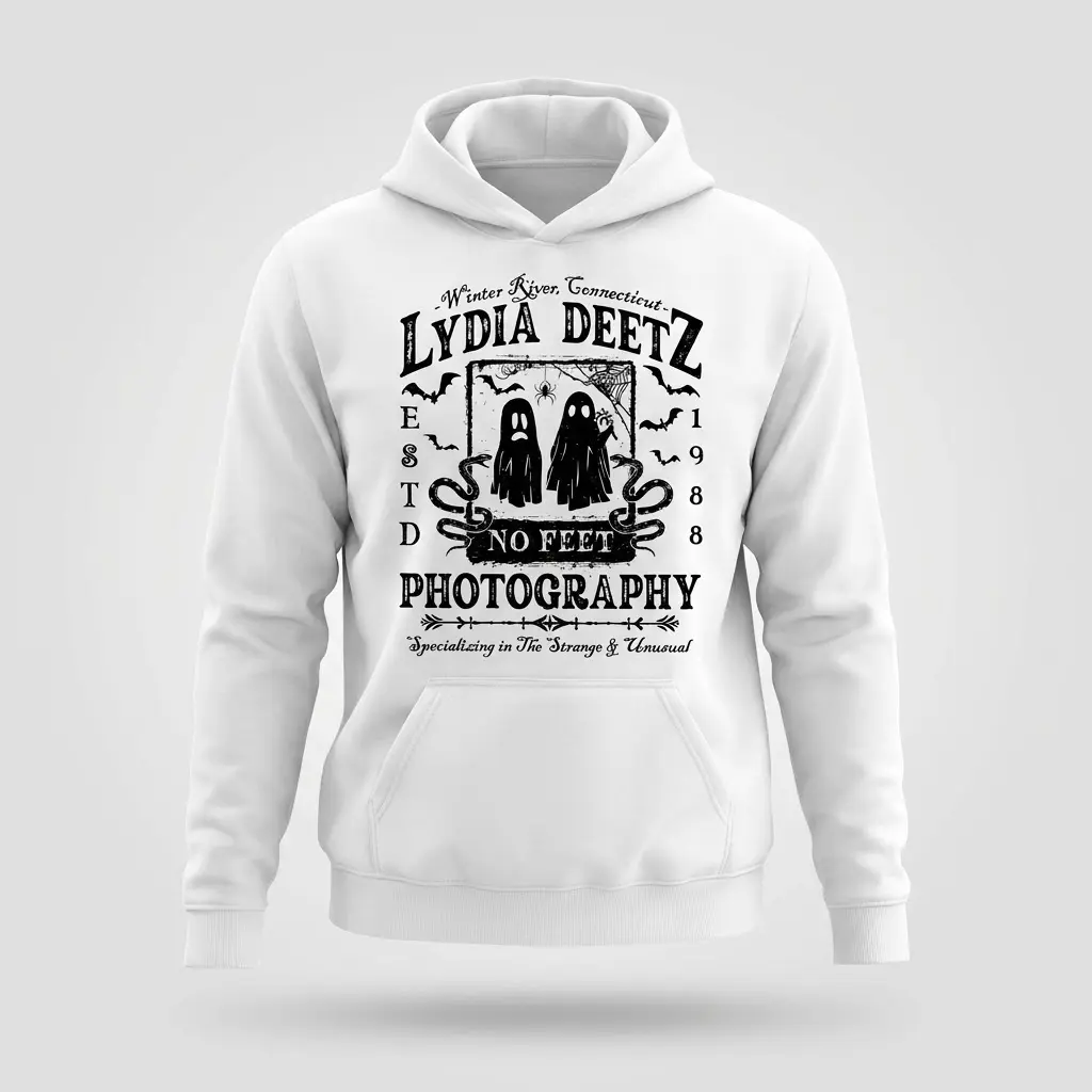 Lydia Deetz Photography Strange & Unusual Tee 2 White hoodie with the vintage 'Lydia Deetz No Feet Photography' design, showing ghosts, spiderwebs, and snakes.