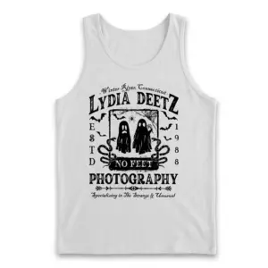 Lydia Deetz Photography Strange & Unusual Tee 8 White tank top displaying the 'Lydia Deetz No Feet Photography' gothic badge with two spooky ghosts and bats.