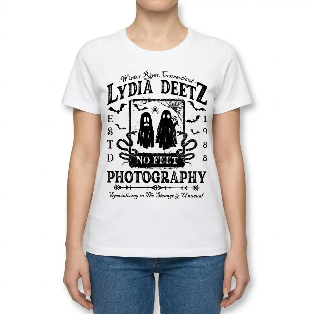Lydia Deetz Photography Strange & Unusual Tee 4 Woman facing front, wearing a white t-shirt with the 'Lydia Deetz No Feet Photography' vintage gothic design.