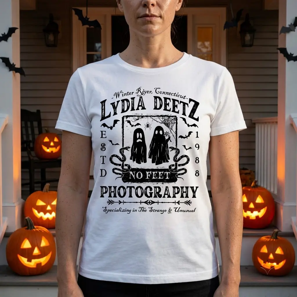 Lydia Deetz Photography Strange & Unusual Tee 5 A goth style woman wearing the 'Lydia Deetz No Feet Photography' tee, highlighting the strange and unusual design.