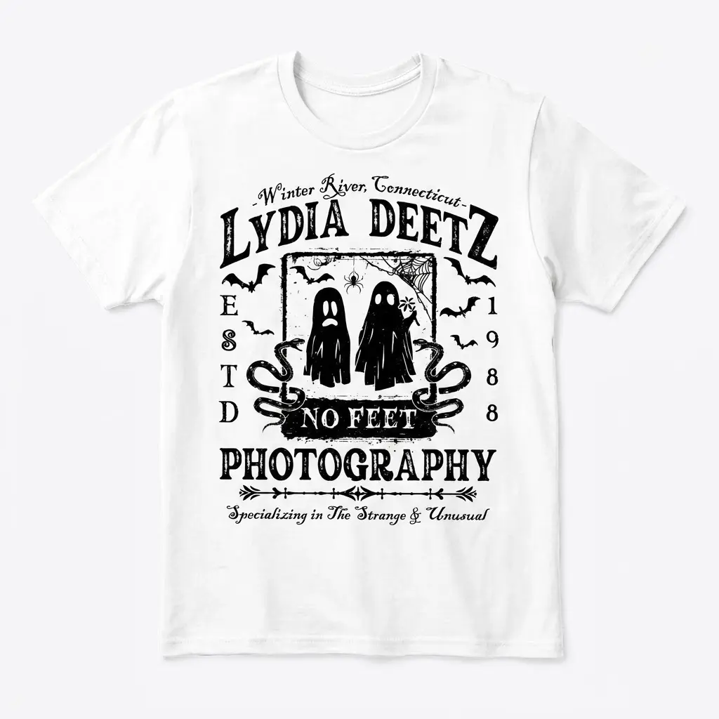 Lydia Deetz Photography Strange & Unusual Tee 1 White t-shirt with the gothic 'Lydia Deetz No Feet Photography' design, featuring two ghosts, bats, and snakes.