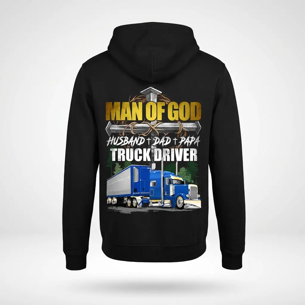 Back view of a hoodie with a Christian truck driver design.
