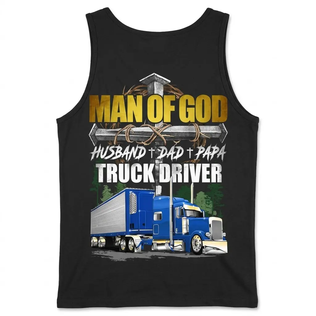 Back view of a tank top showing a Christian truck driver design.