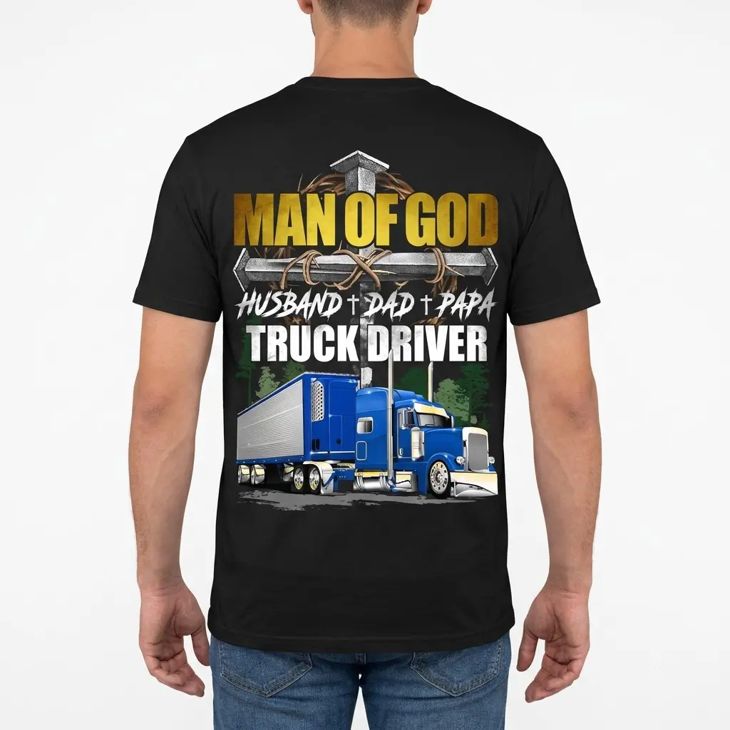 Man wearing a t-shirt, back view, with Christian truck driver design.