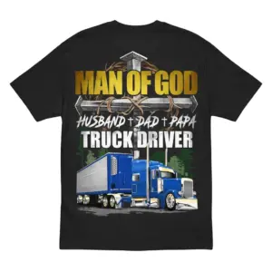 Back view of a t-shirt featuring a Christian truck driver design.