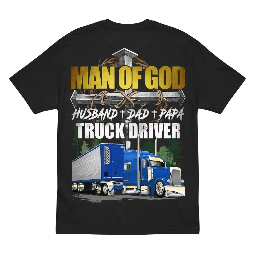 Back view of a t-shirt featuring a Christian truck driver design.