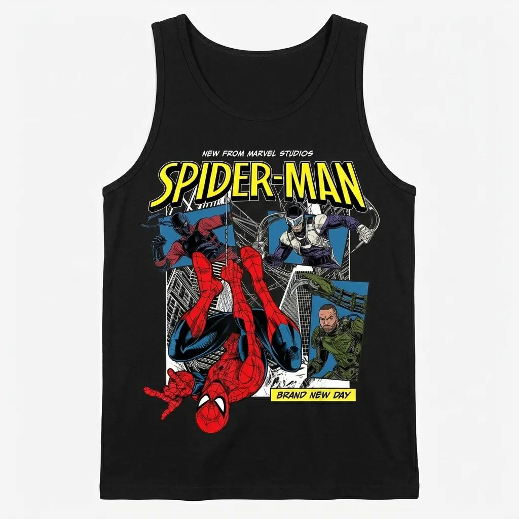 Marvel Spider-Man Comic T-Shirt 2 Black tank top featuring a retro Marvel Spider-Man comic design, depicting the hero amidst city panels.
