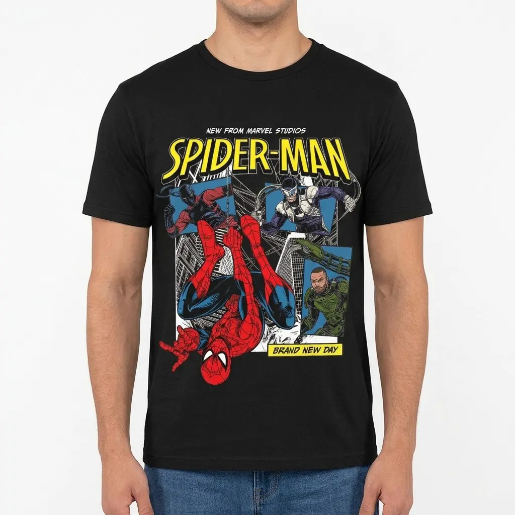 Marvel Spider-Man Comic T-Shirt 3 Front view of a man wearing the black Spider-Man comic t-shirt, showing the hero swinging through comic panels.