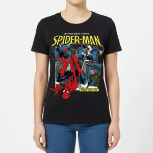 Marvel Spider-Man Comic T-Shirt 9 Front view of a woman wearing the black t-shirt with a classic Spider-Man comic graphic and city skyline.