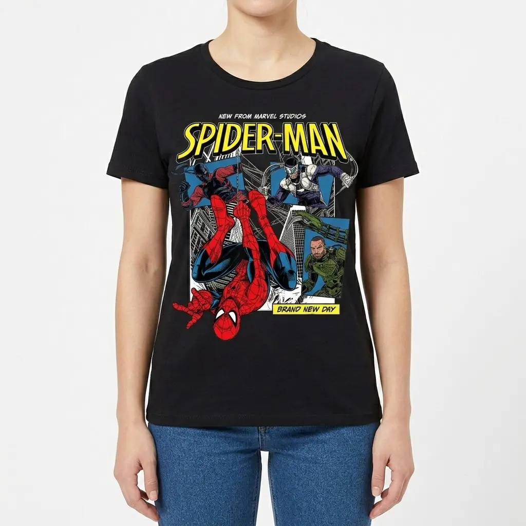 Marvel Spider-Man Comic T-Shirt 4 Front view of a woman wearing the black t-shirt with a classic Spider-Man comic graphic and city skyline.