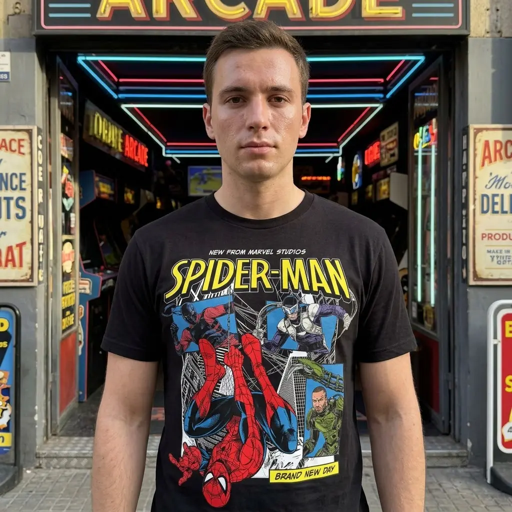 Marvel Spider-Man Comic T-Shirt 5 Black t-shirt featuring the vintage Spider-Man comic art, a perfect addition for pop-culture graphic tee lovers.