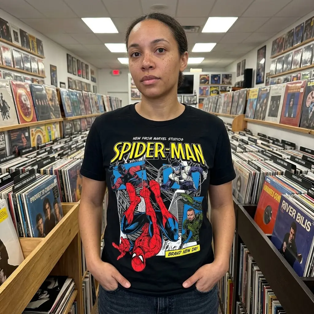 Marvel Spider-Man Comic T-Shirt 6 Black t-shirt showcasing a retro Spider-Man comic design, ideal for enthusiasts of classic action heroes.