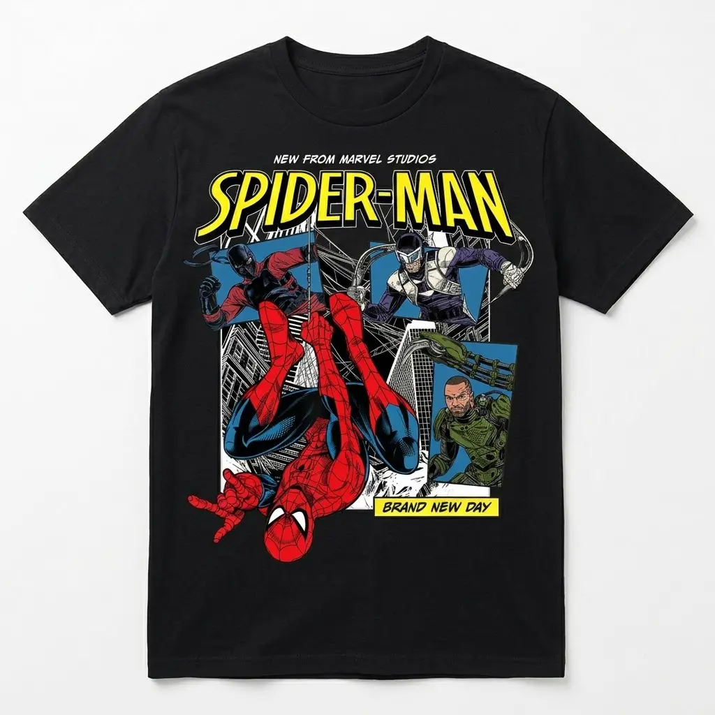 Marvel Spider-Man Comic T-Shirt 1 Black t-shirt with a vintage comic book graphic of Spider-Man swinging through urban cityscape panels.