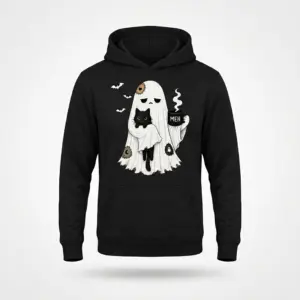 Meh Ghost and Black Cat Halloween T-Shirt 7 Black hoodie with a flat lay view, showcasing the cute-goth ghost design hugging a black cat and holding a 'MEH' mug.