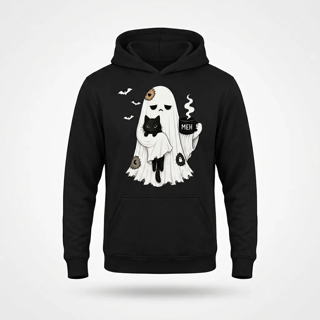 Black hoodie with a flat lay view, showcasing the cute-goth ghost design hugging a black cat and holding a 'MEH' mug.