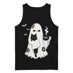 Meh Ghost and Black Cat Halloween T-Shirt 8 Black tank top flat lay featuring the sarcastic 'Meh Ghost' design, holding a black cat and a steaming 'MEH' mug.