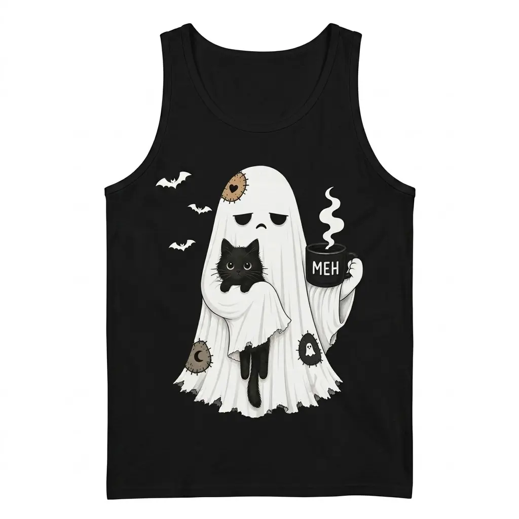 Black tank top flat lay featuring the sarcastic 'Meh Ghost' design, holding a black cat and a steaming 'MEH' mug.