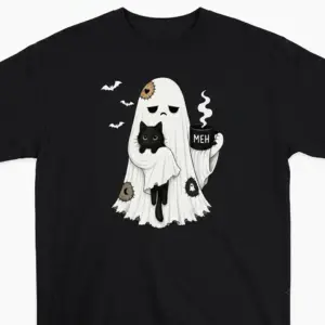 Meh Ghost and Black Cat Halloween T-Shirt 9 A man wearing the black t-shirt, front view, displaying the ghost design, holding a cat and a 'MEH' mug.