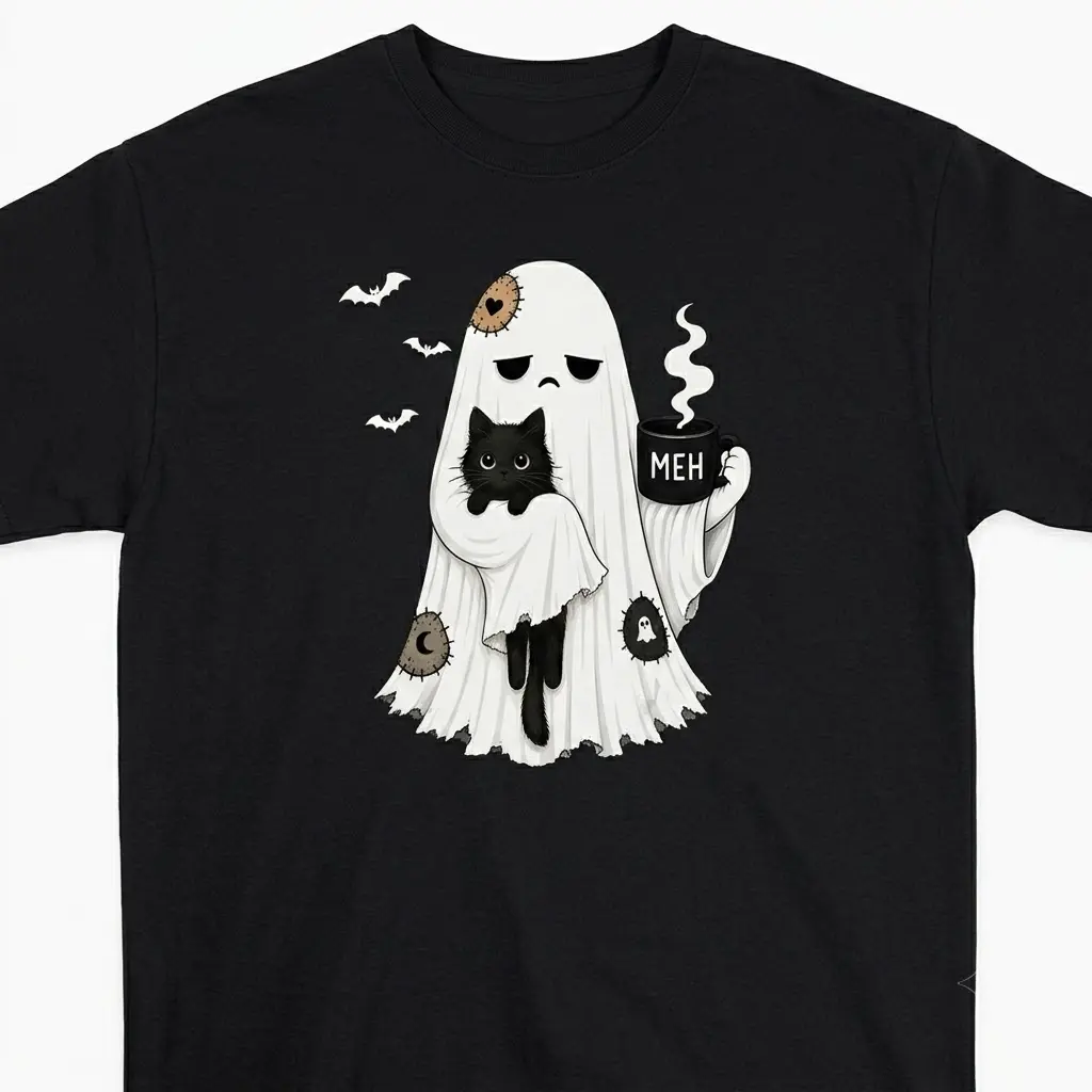 A man wearing the black t-shirt, front view, displaying the ghost design, holding a cat and a 'MEH' mug.