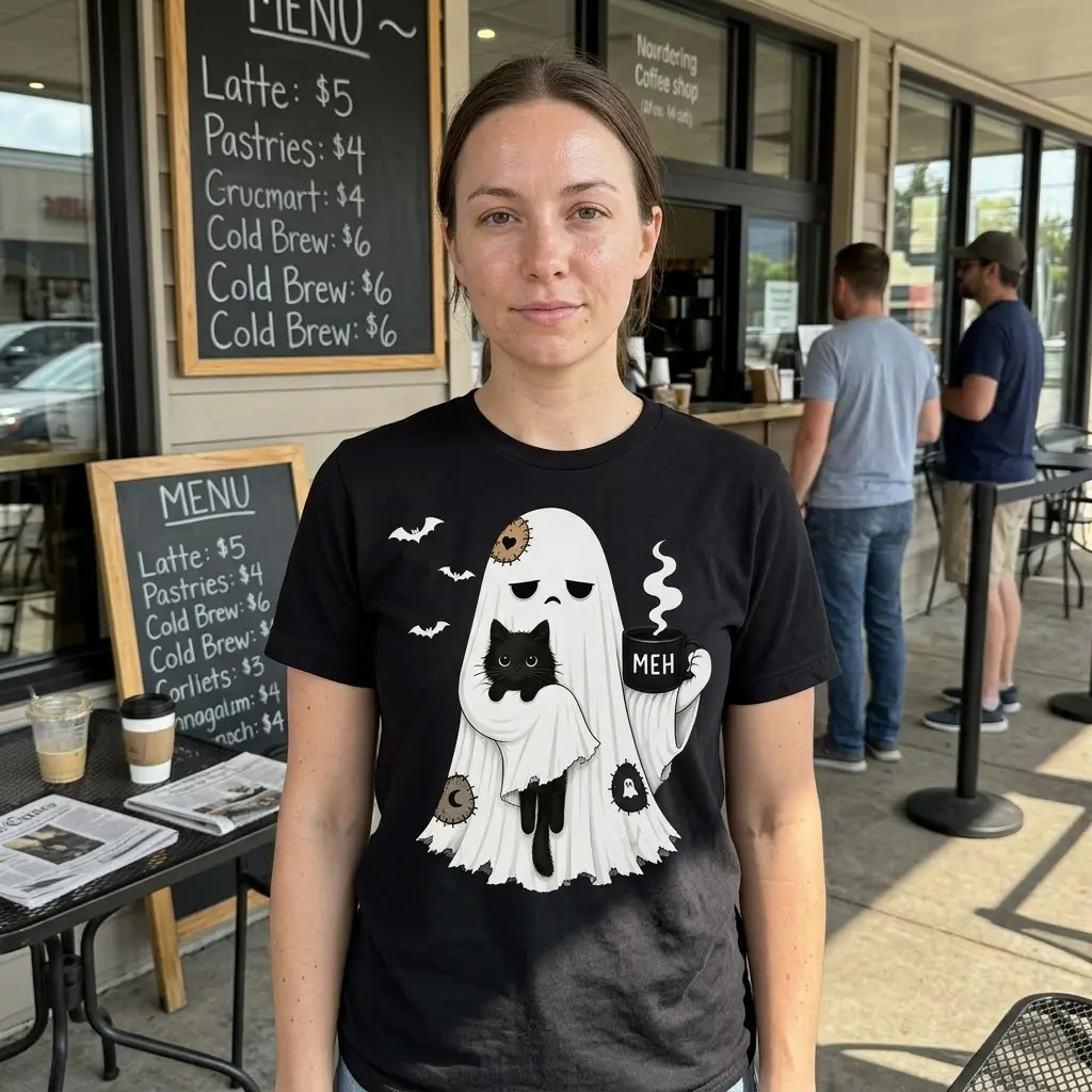 Lifestyle view of the black ghost and black cat t-shirt, highlighting its funny, cute-goth, sarcastic appeal for Halloween fans.