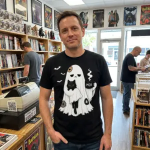 Meh Ghost and Black Cat Halloween T-Shirt 11 Lifestyle context of the black t-shirt, emphasizing the cozy 'Meh Ghost' design with a cat, perfect for Halloween cat lovers.